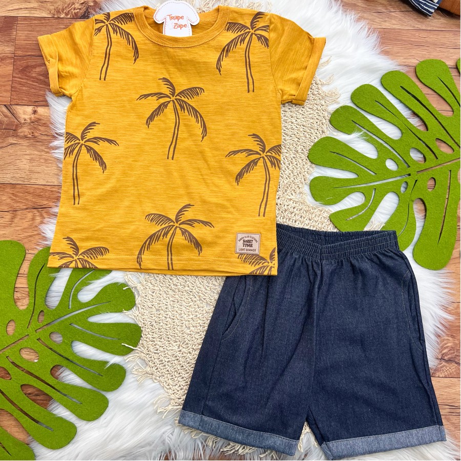 Conj. Camiseta Sunset Time e Bermuda - Mostarda e Jeans